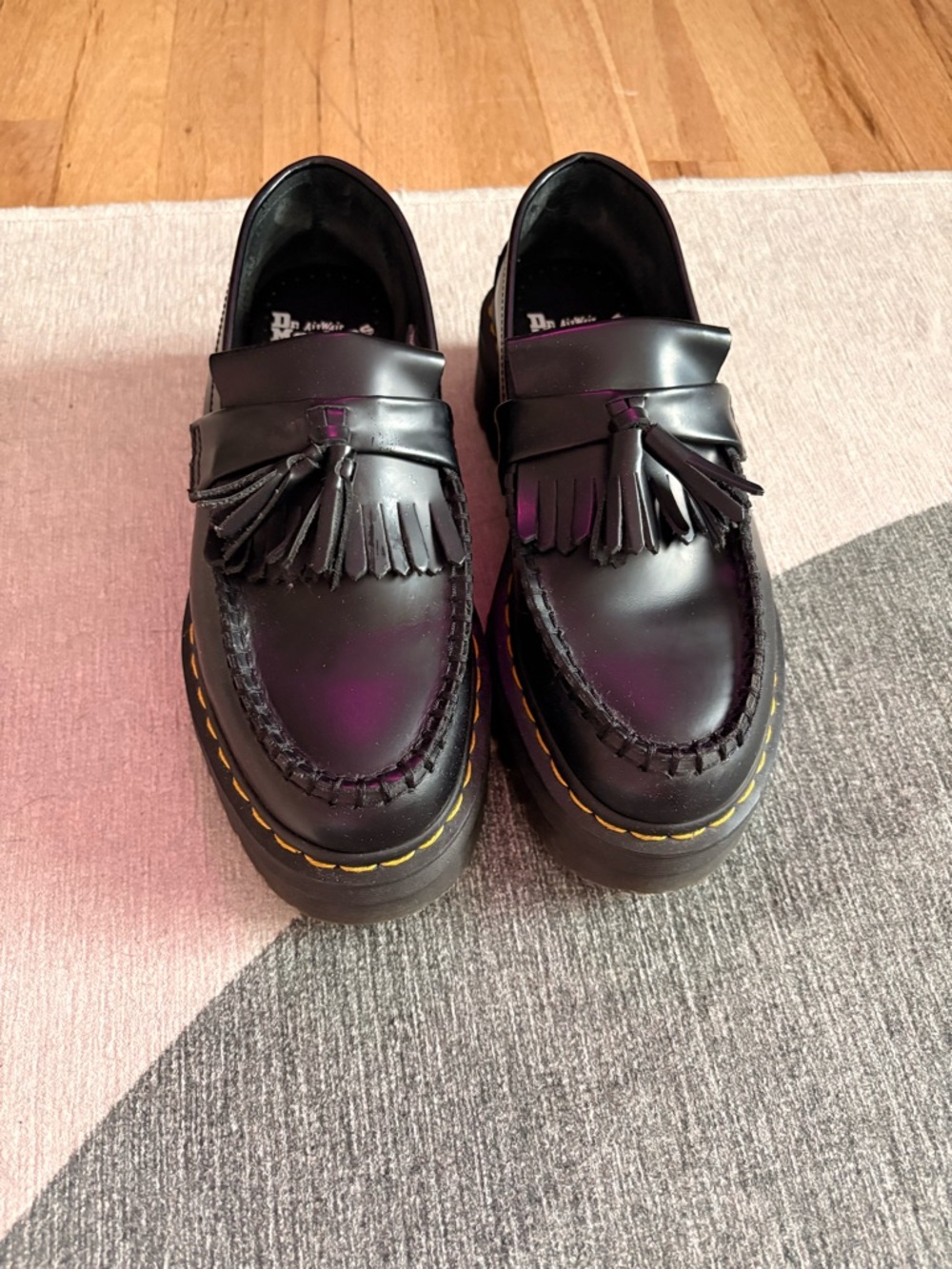 Black Tassel Platform Loafers with Yellow Stitching